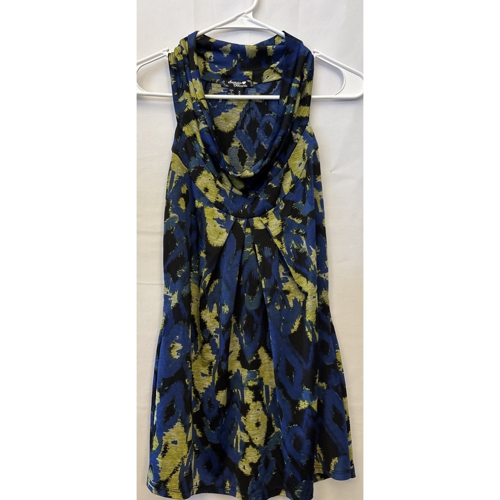 Women's Blue Green Splatter Cowl Neck Sleeveless Pleated Draping Blouse Size S‎